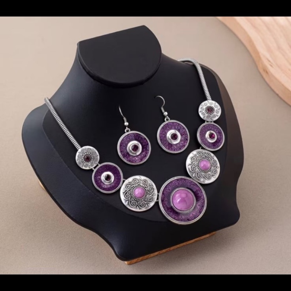 Silver-Tone Purple Stone Statement Necklace & Earring Set